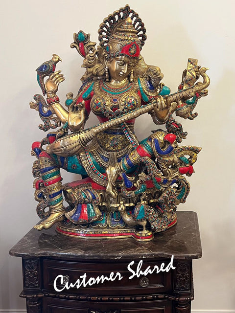 33" Superfine Chaturbhujadharini Devi Saraswati in a Network of Vines | Indian Handcrafted Brass Statue