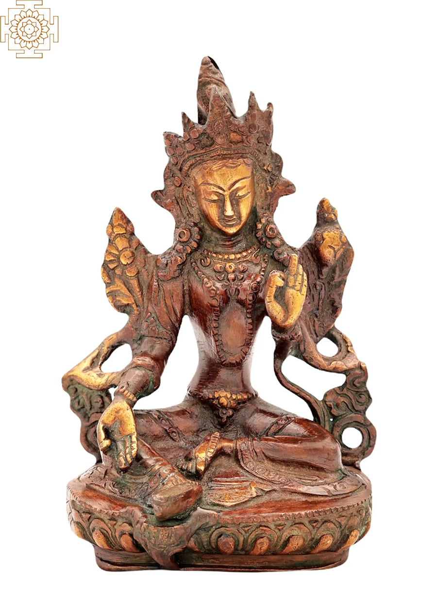 6" Green Tara Brass Statue - Handmade Tibetan Buddhist Goddess Idol