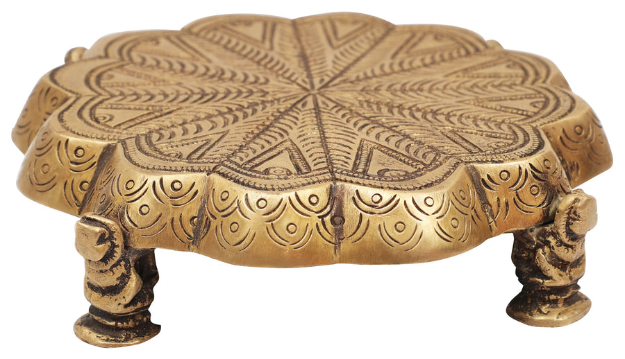 Small Floral Design Brass Chowki for Pooja