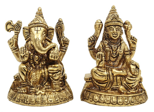 2" Handmade Brass Lakshmi Ganesha Pair Statue