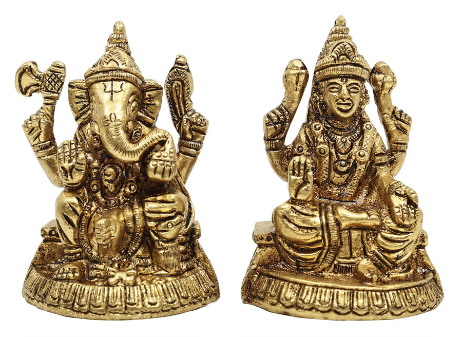 2" Handmade Brass Lakshmi Ganesha Pair Statue