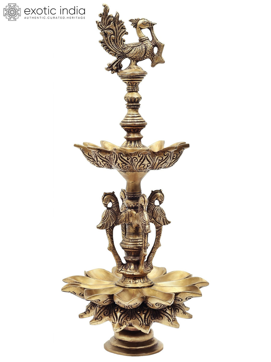 19" Brass Peacock Oil Lamp With Twenty Two Wicks Handmade