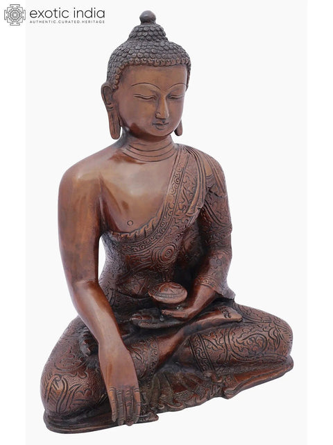 10" Bhumisparsha Buddha Adorned in a Floral Robe In Brass | Handmade | Made In India