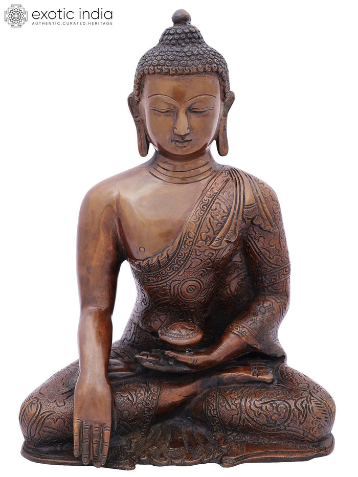 10" Handmade Bhumisparsha Buddha Brass Statue with Floral Robe