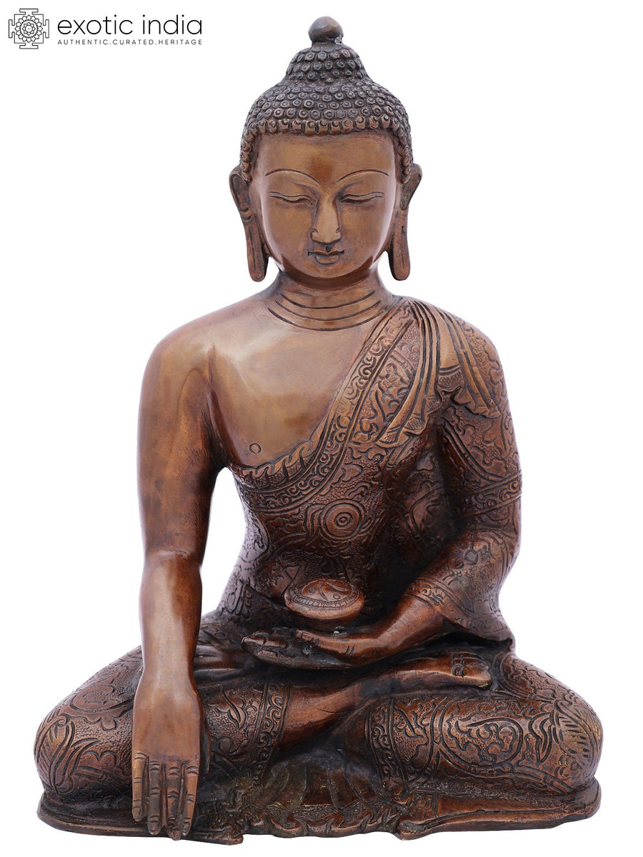 10" Handmade Bhumisparsha Buddha Brass Statue with Floral Robe