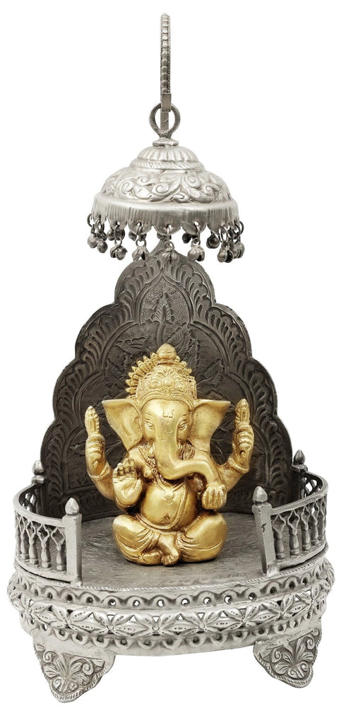 13" King Ganesha Seated on a Royal Throne | Handmade Brass Statue