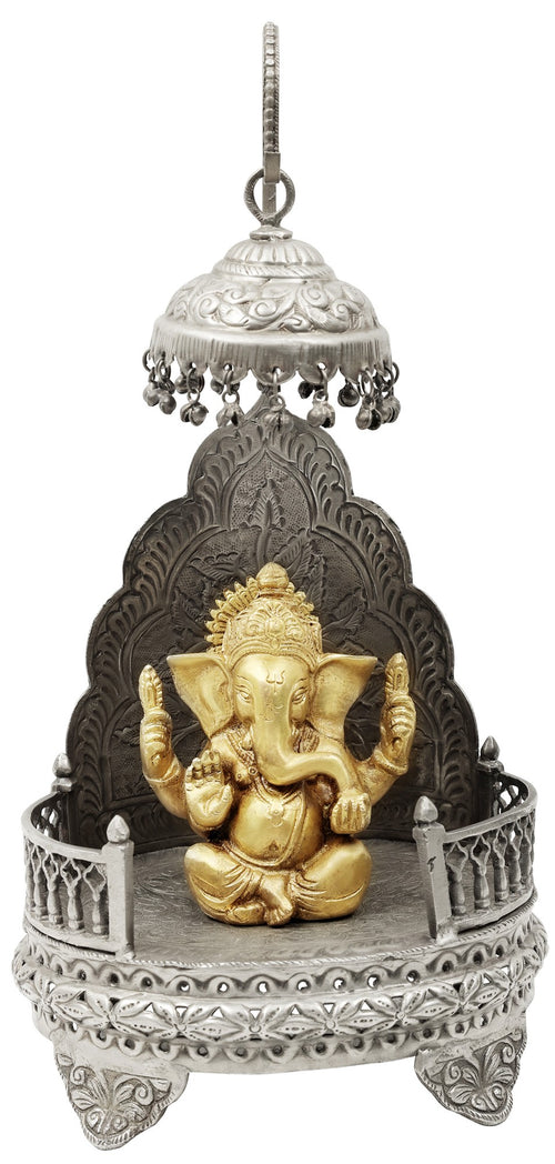 13" Handmade King Ganesha Seated Royal Throne Brass Statue