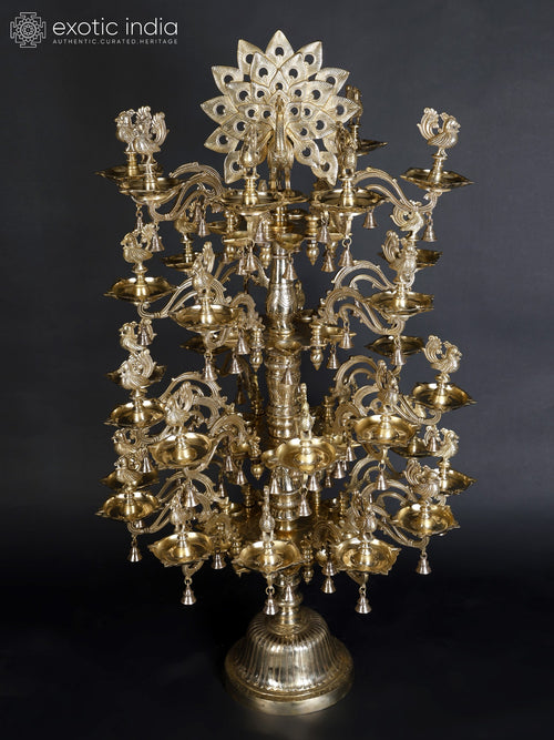 52" Large Dancing Peacock Brass Annam Lamp with Branching Vines