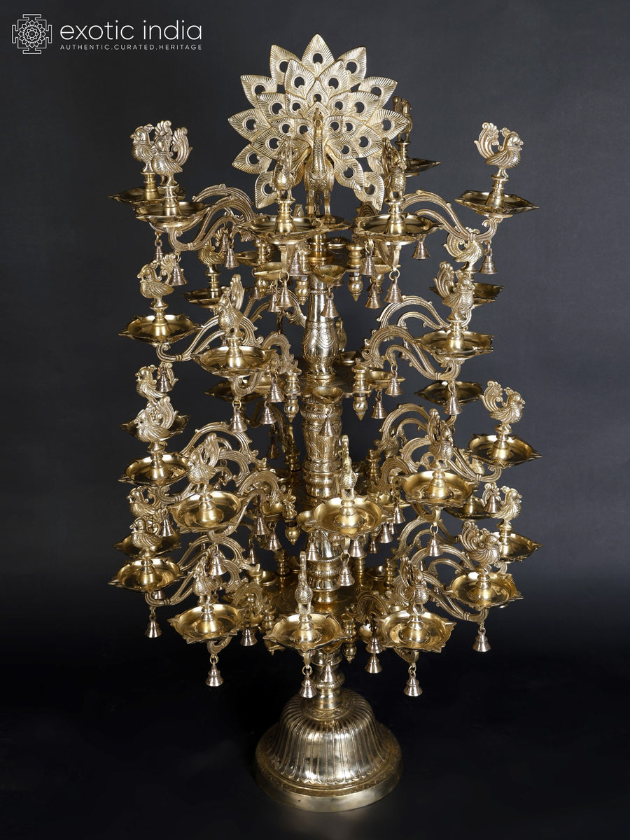 52" Large Dancing Peacock Brass Annam Lamp with Branching Vines