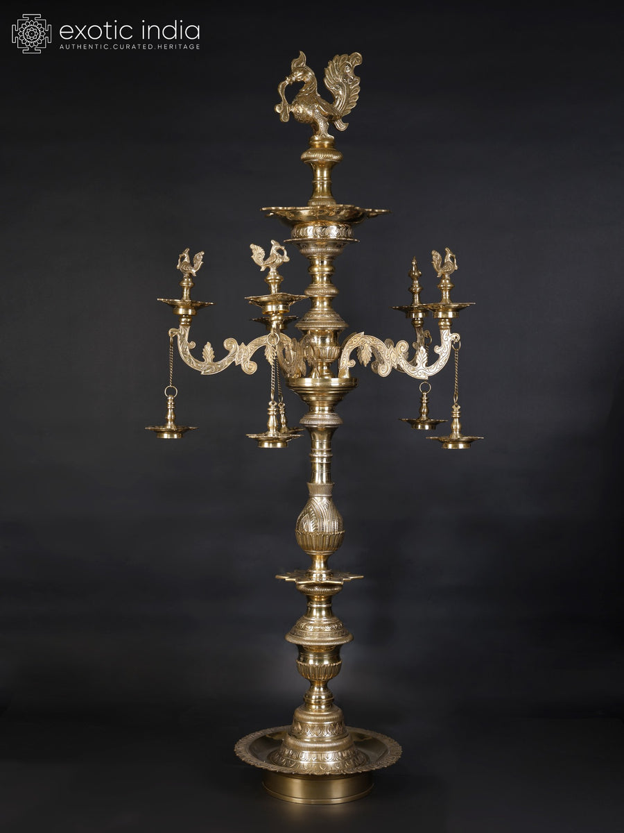 66" Large Brass Peacock Annam Lamp with Hanging Wicks Handmade