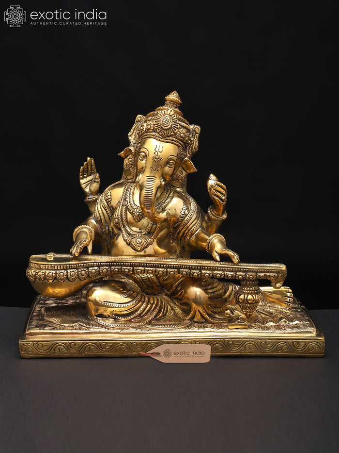 9" Lord Ganesha Brass Statue Playing Veena | Handmade | Made In India