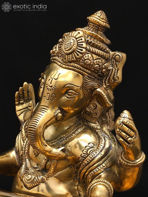 9" Lord Ganesha Brass Statue Playing Veena | Handmade | Made In India