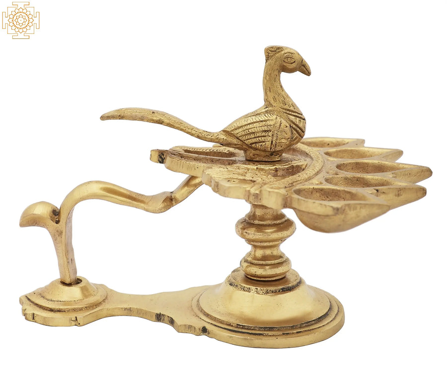 5" Handmade Brass Peacock Five Wick Oil Lamp