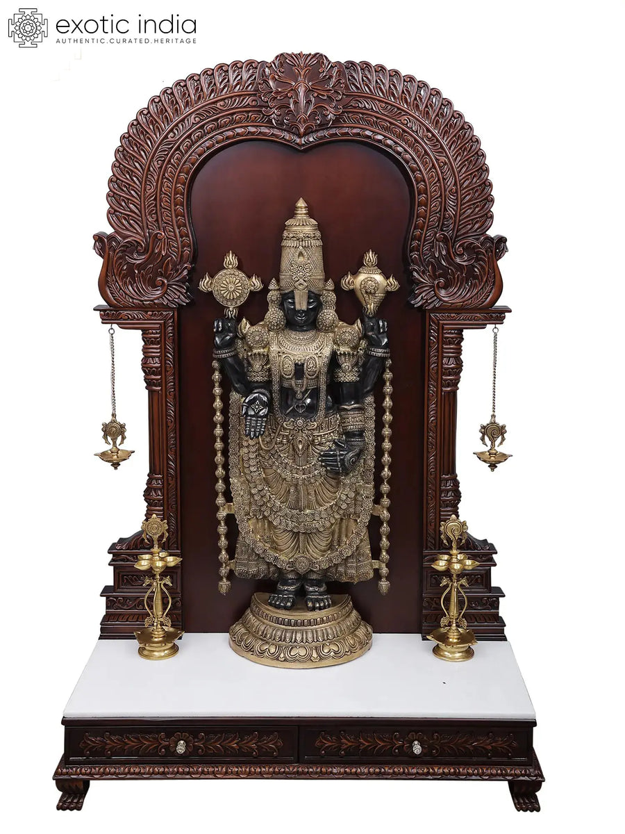 Large Tirupati Balaji Wooden Statue with Vaishnav Symbol Lamp