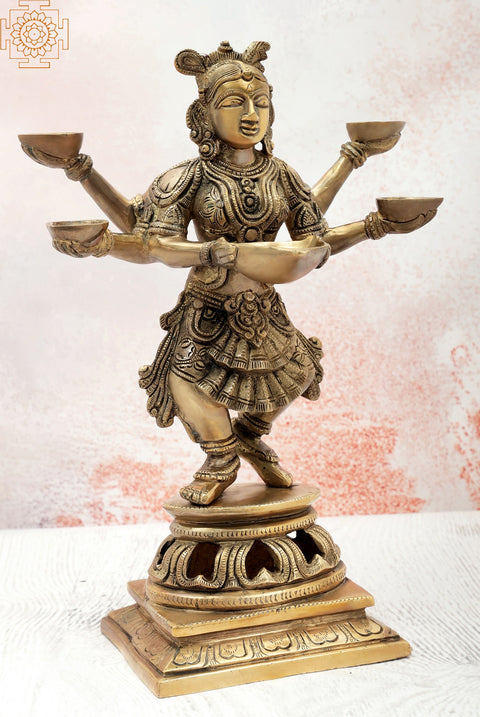 13" Six Armed Deepalakshmi in Brass | Indian Handcrafted Idol