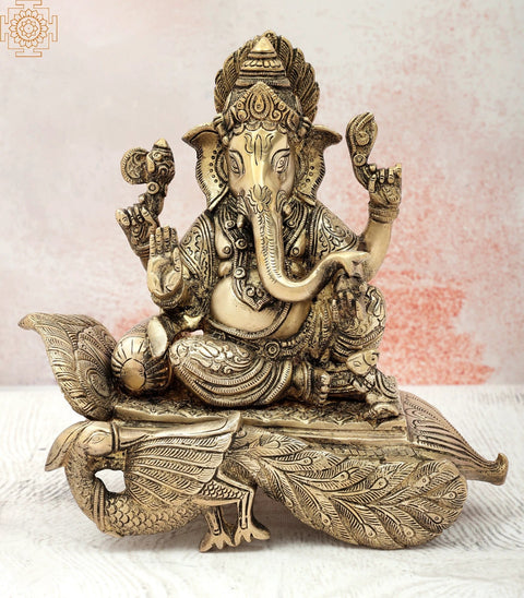 9" Blessing Ganesha Seated on Peacock Pedestal in Brass | Indian Handcrafted Idol
