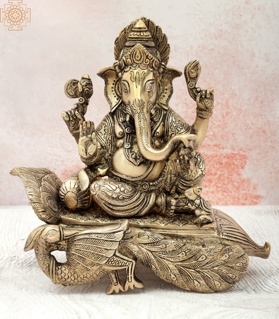 9" Brass Ganesha Seated on Peacock Pedestal Handcrafted Idol