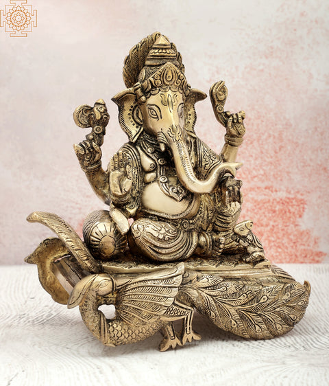 9" Blessing Ganesha Seated on Peacock Pedestal in Brass | Indian Handcrafted Idol