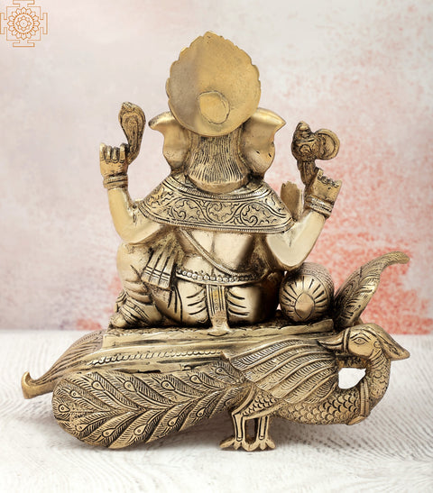 9" Blessing Ganesha Seated on Peacock Pedestal in Brass | Indian Handcrafted Idol