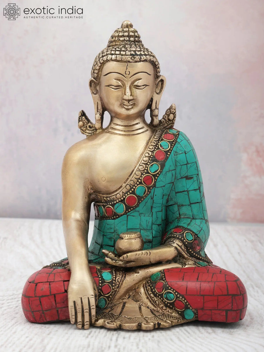 8" Bhumisparsha Buddha Brass Statue with Colorful Inlay Handmade