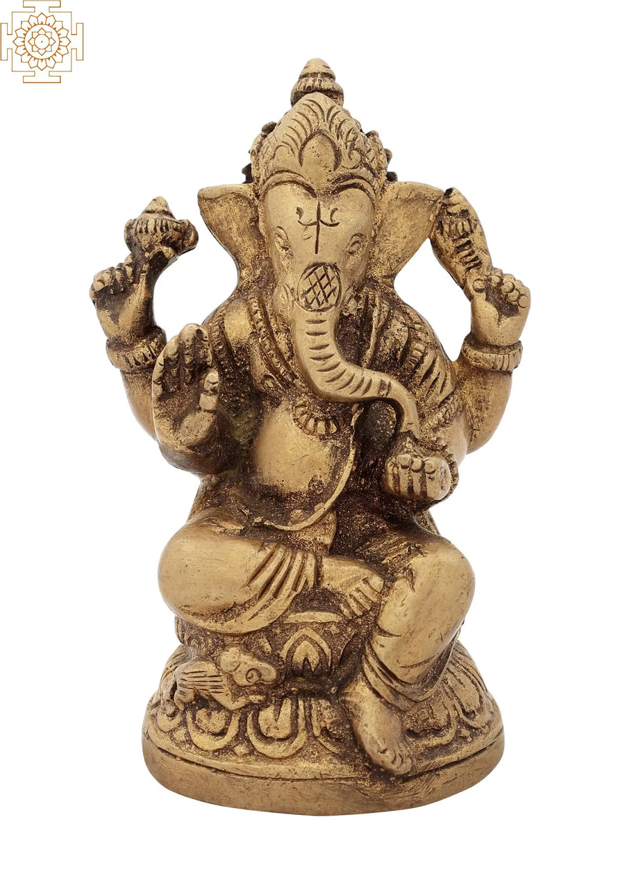 4" Handmade Ganesha Brass Statue Seated on Lotus