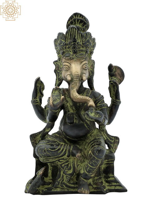 6" Handmade Brass Ganesha Eating Modaka Idol