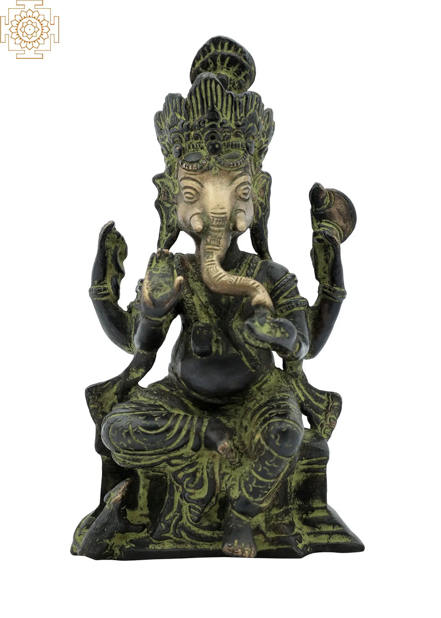 6" Handmade Brass Ganesha Eating Modaka Idol