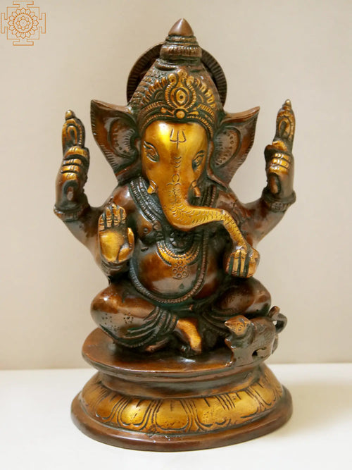 7" Handmade Blessing Ganesha Brass Statue Seated on Pedestal