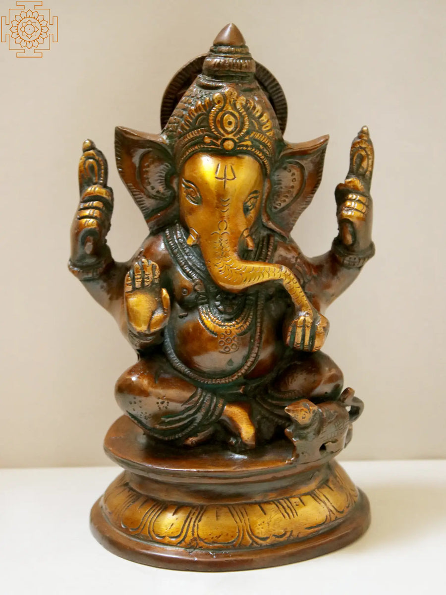 7" Handmade Blessing Ganesha Brass Statue Seated on Pedestal