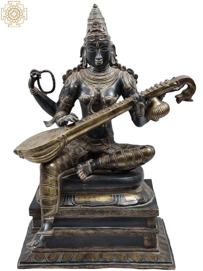 26" Seated Saraswati Brass Statue Handmade