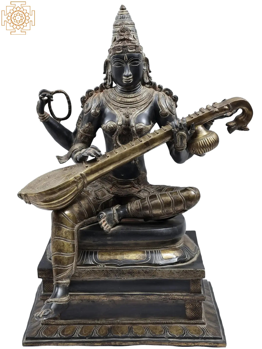 26" Seated Saraswati Brass Statue Handmade