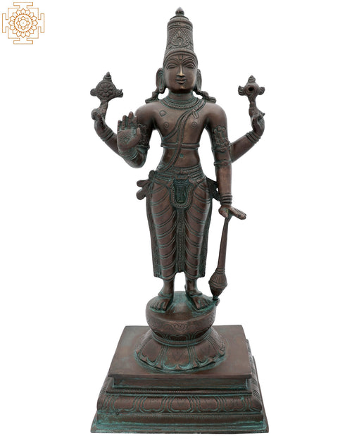 14" Standing Chaturbhujadhari Lord Vishnu Brass Idol Handcrafted