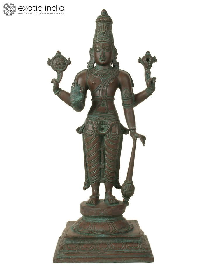 18" Chaturbhuja Vishnu Brass Idol Standing on Pedestal Handmade