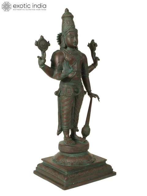 18" Chaturbhuja Bhagawan Vishnu Idol Standing on Pedestal in Brass | Handmade | Made in India