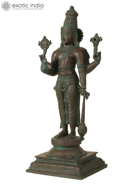18" Chaturbhuja Bhagawan Vishnu Idol Standing on Pedestal in Brass | Handmade | Made in India