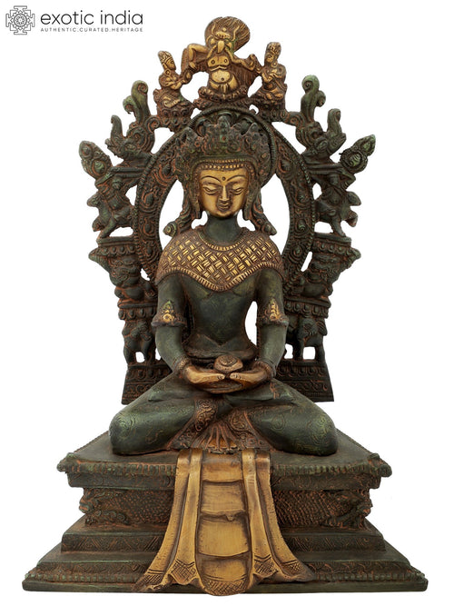 11" Crowned Buddha on Six-Ornament Throne Brass Statue Handmade
