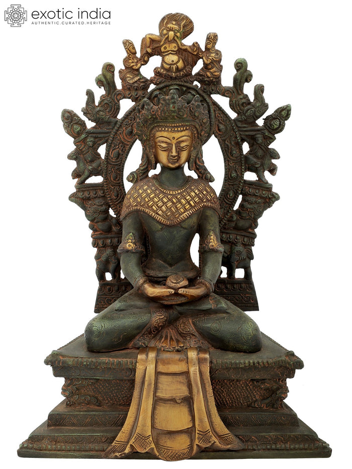 11" Crowned Buddha on Six-Ornament Throne Brass Statue Handmade