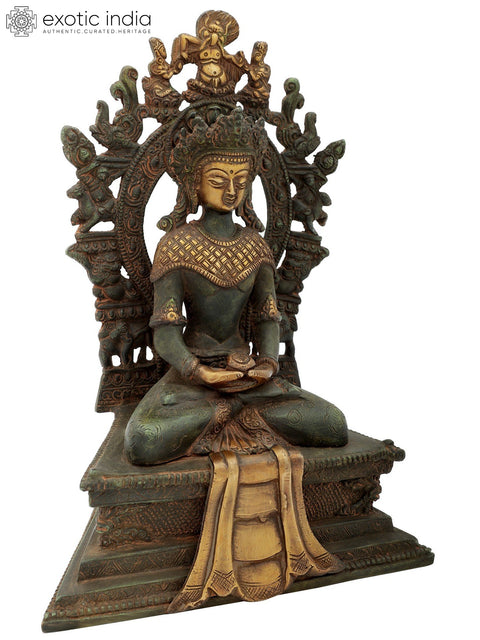 11" Crowned Buddha on Six-Ornament Throne In Brass | Handmade | Made In India