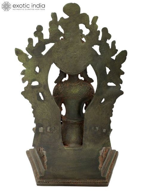 11" Crowned Buddha on Six-Ornament Throne In Brass | Handmade | Made In India