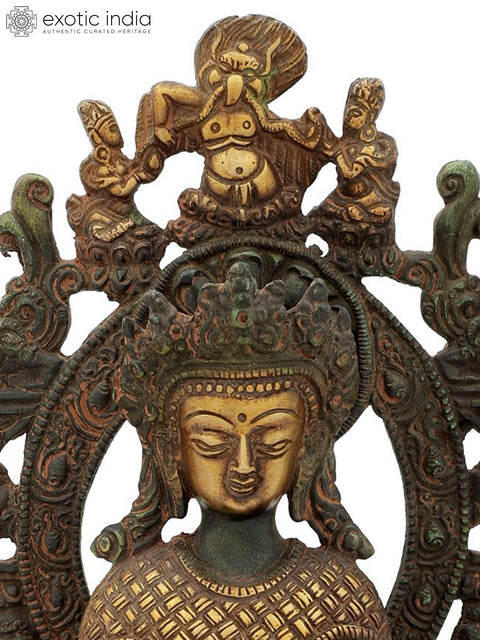 11" Crowned Buddha on Six-Ornament Throne In Brass | Handmade | Made In India