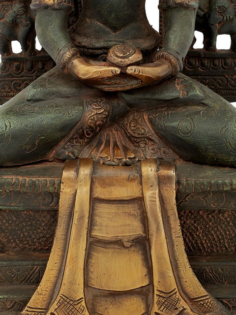 11" Crowned Buddha on Six-Ornament Throne In Brass | Handmade | Made In India