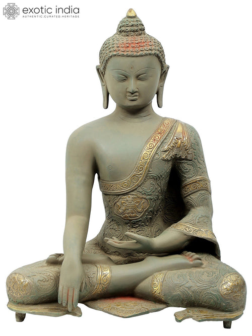 Bhoomisparsha Buddha Brass Statue with Densely Engraved Robe