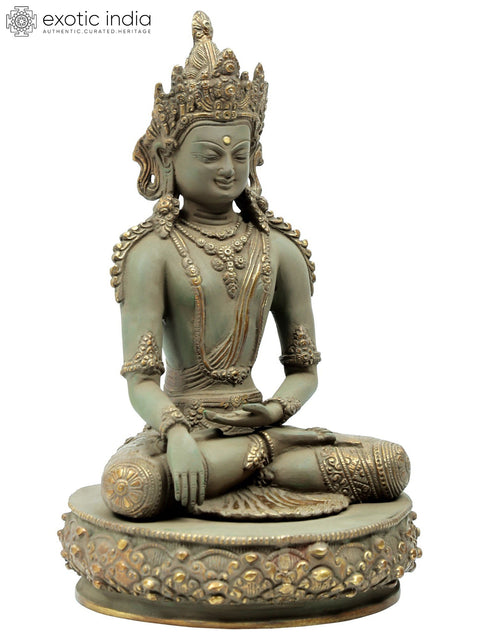 13" Crowned and Bedecked, Bhumisparsha Shut-Eyed Buddha in Brass | Indian Handcrafted Idol