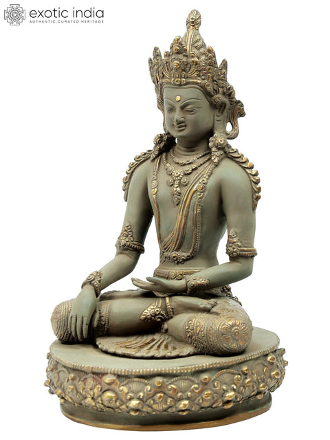 13" Crowned and Bedecked, Bhumisparsha Shut-Eyed Buddha in Brass | Indian Handcrafted Idol