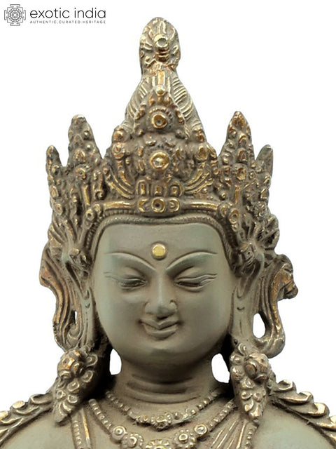 13" Crowned and Bedecked, Bhumisparsha Shut-Eyed Buddha in Brass | Indian Handcrafted Idol