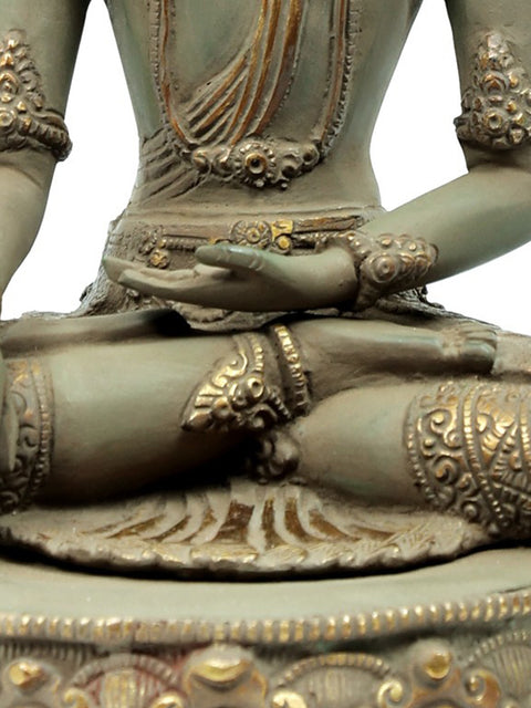 13" Crowned and Bedecked, Bhumisparsha Shut-Eyed Buddha in Brass | Indian Handcrafted Idol