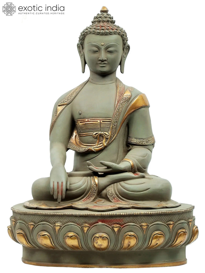 22" Brass Bhumisparsha Buddha Statue on Pedestal Handmade