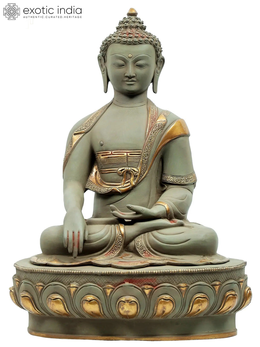22" Brass Bhumisparsha Buddha Statue on Pedestal Handmade