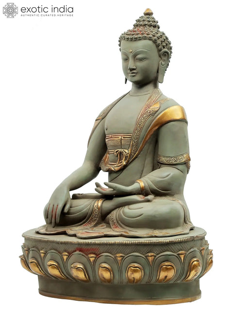 22" Bhumisparsha Buddha Seated on Pedestal in Brass | Handmade | Made in India