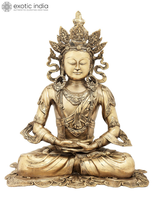 27" Seated Buddha Five-Spired Crown Brass Handcrafted Idol